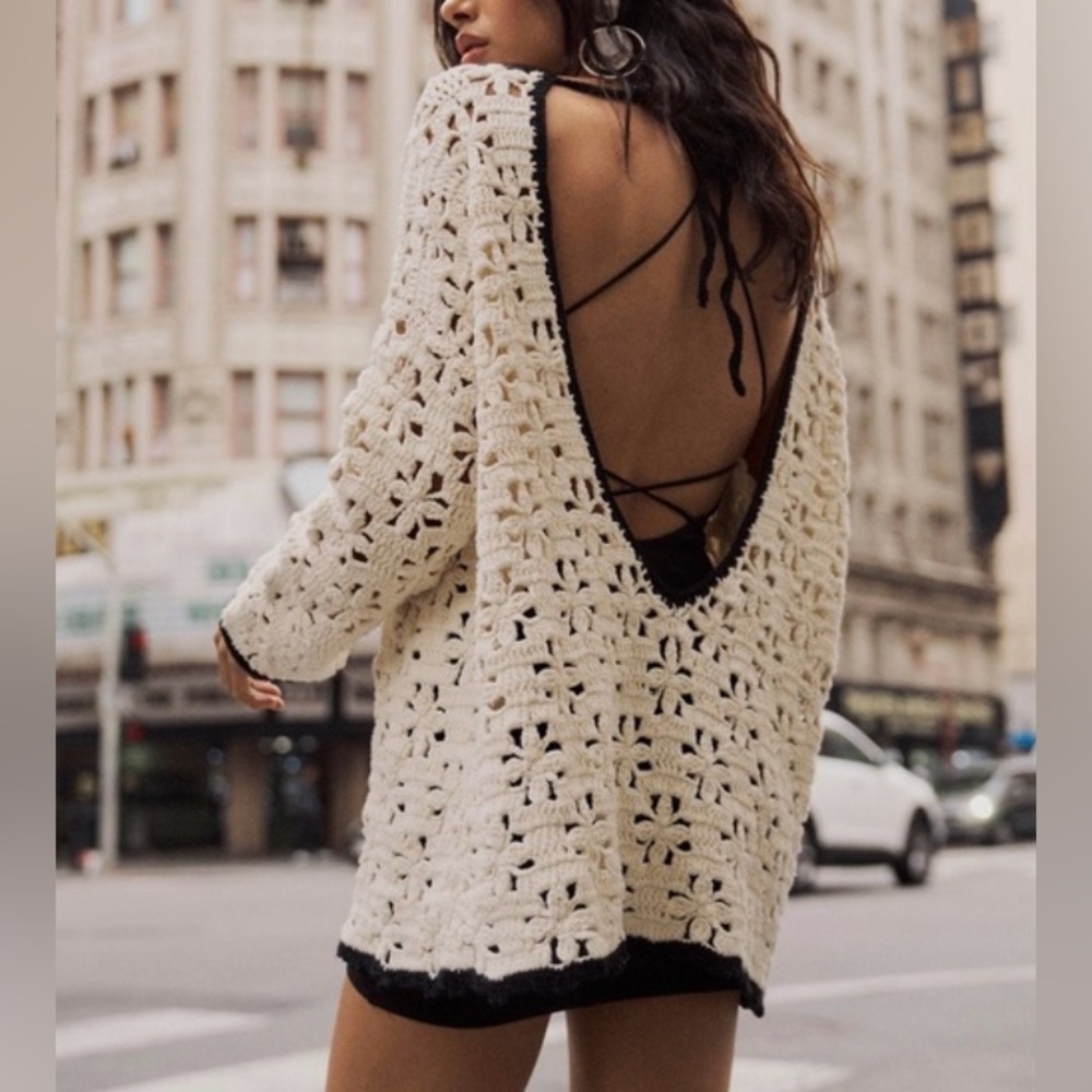 Free People Rue Crochet Tunic Ivory Floral Pattern Boho Beachy Size Medium - Picture 2 of 13